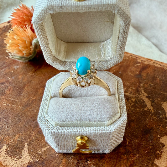 The Salado Ring - Vintage Solid 14K Yellow Gold, Natural Turquoise, and Natural Diamond Ring