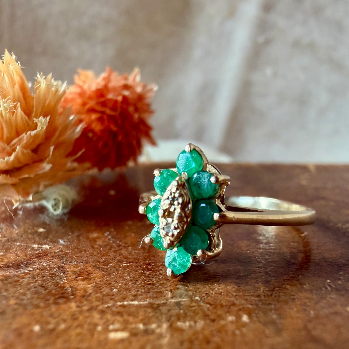 The Maidenhair Ring - Vintage Solid 10K Yellow Gold, Natural Emeralds, and Natural Diamonds