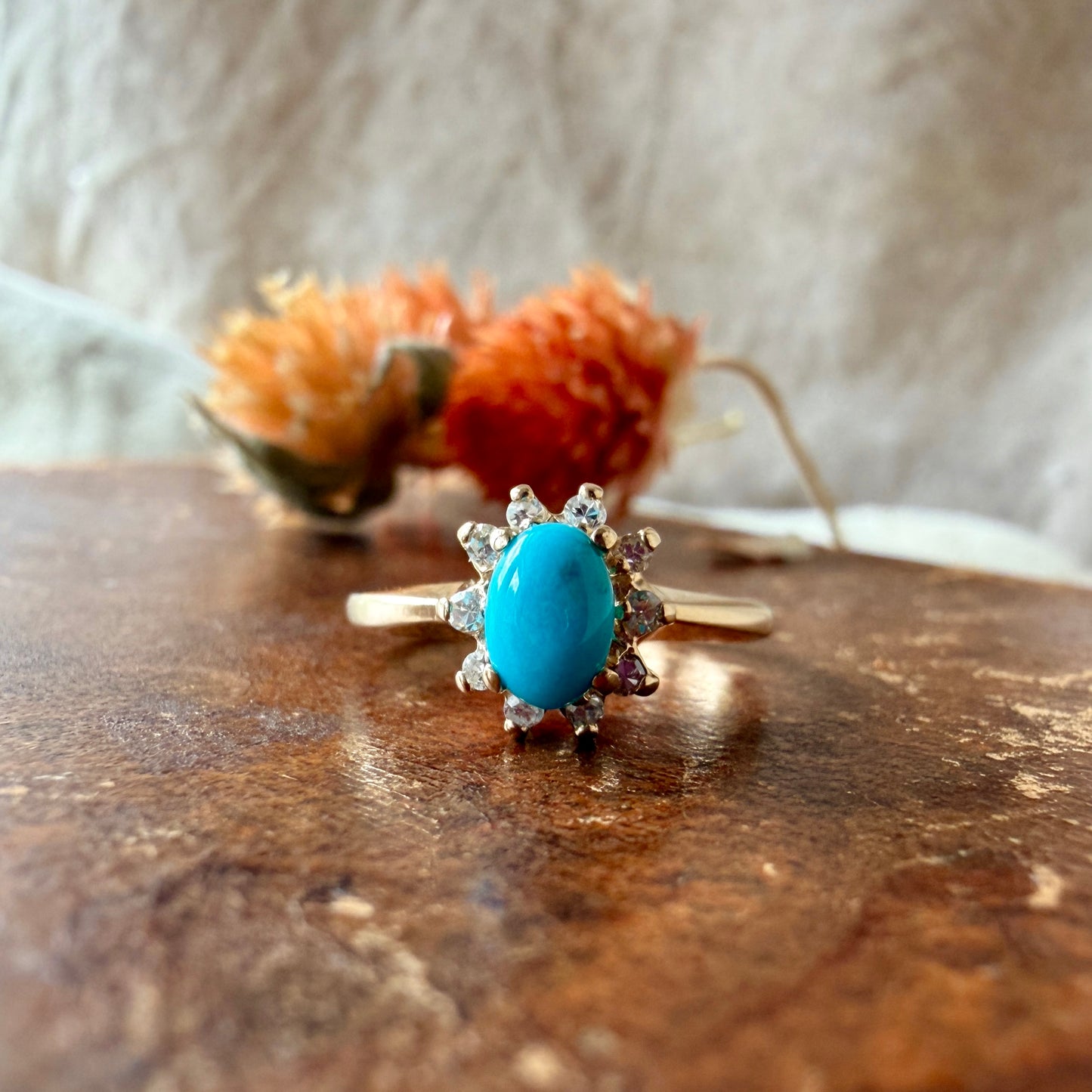 The Salado Ring - Vintage Solid 14K Yellow Gold, Natural Turquoise, and Natural Diamond Ring