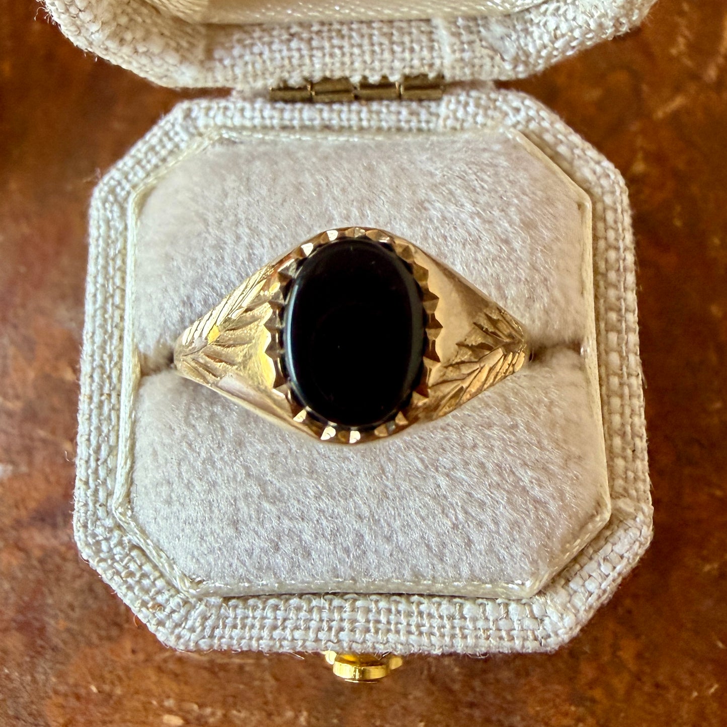 The Brompton Ring - Vintage Solid 9K Yellow Gold and Natural Onyx Mourning Signet Ring