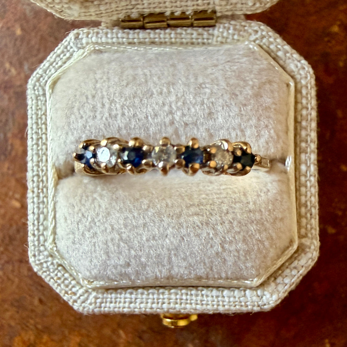 The Sabine Ring - Vintage Solid 14K Yellow Gold, Natural Sapphire, and Natural Diamond Band