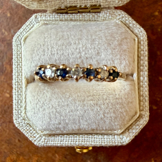 The Sabine Ring - Vintage Solid 14K Yellow Gold, Natural Sapphire, and Natural Diamond Band