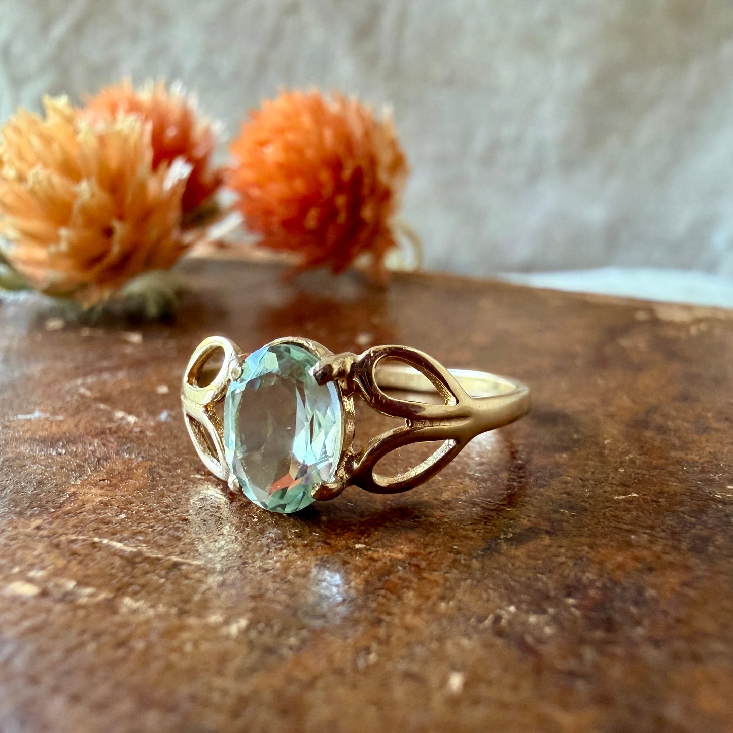 The Portfino Ring - Vintage Solid 10K Yellow Gold set with Natural Green Amethyst Prasiolite