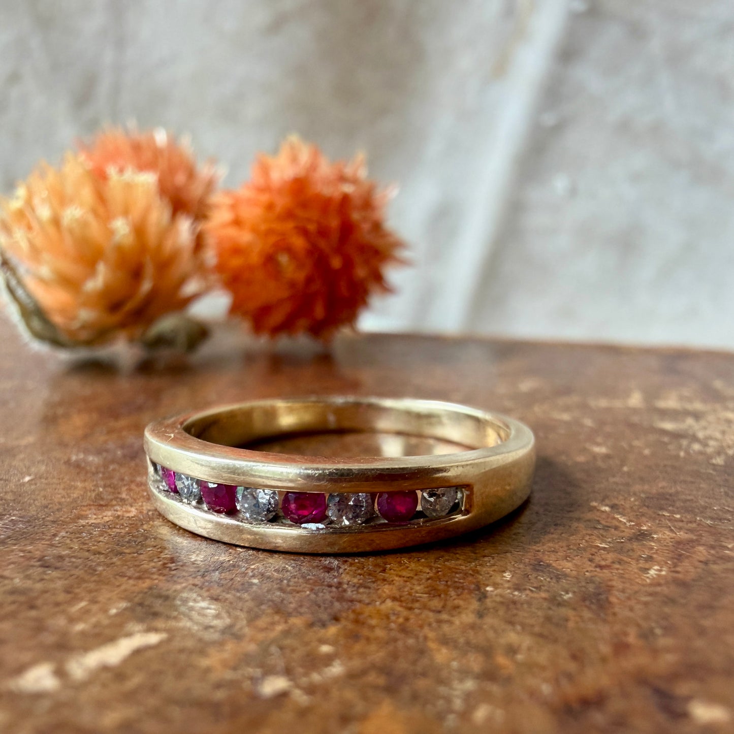 The Frosted Holly Ring- Solid 10K Yellow Gold, Natural Rubies, Natural Diamonds