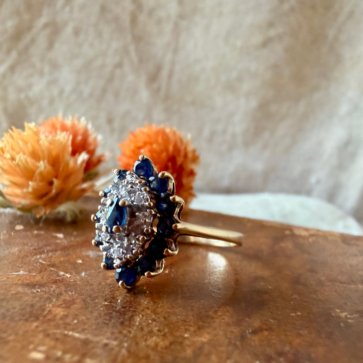 The Severn Ring - Vintage Solid 10K Yellow Gold with Natural Diamonds and Natural Sapphires