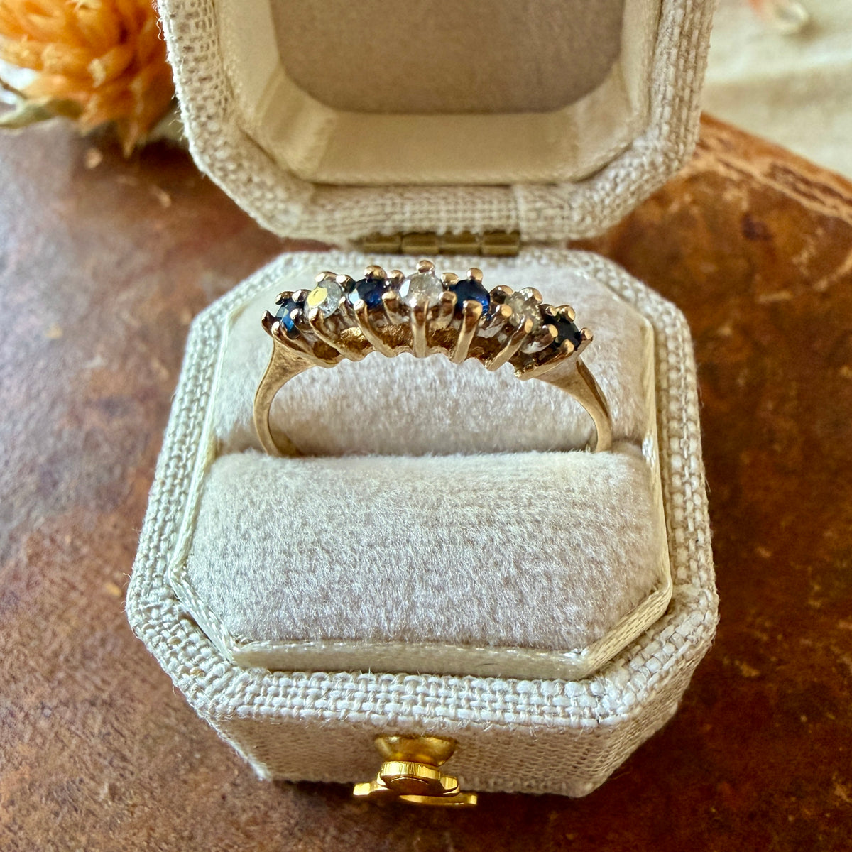 The Sabine Ring - Vintage Solid 14K Yellow Gold, Natural Sapphire, and Natural Diamond Band
