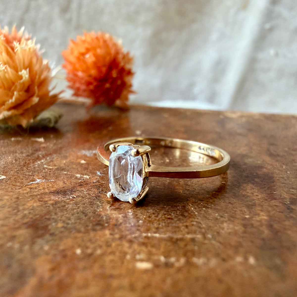 The Seraphine Ring - Vintage Solid 10K Yellow Gold and Natural White Topaz Ring