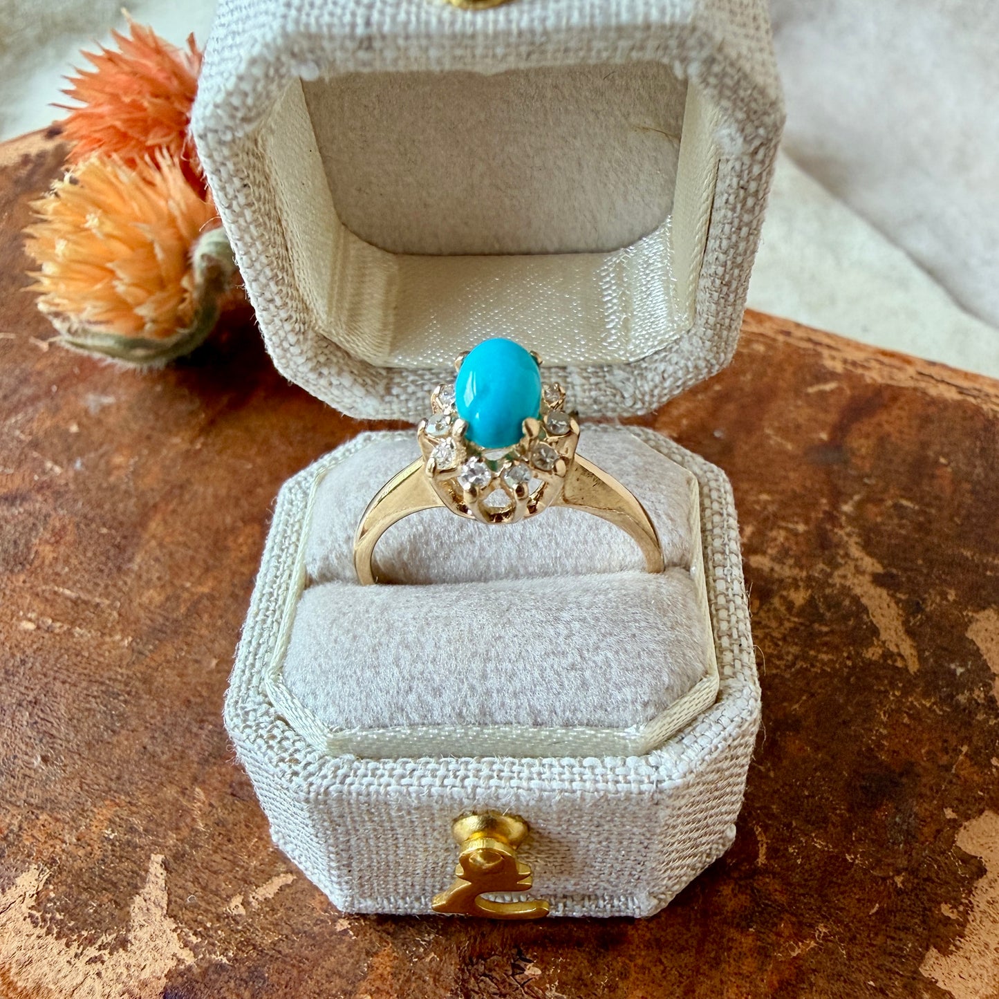 The Salado Ring - Vintage Solid 14K Yellow Gold, Natural Turquoise, and Natural Diamond Ring
