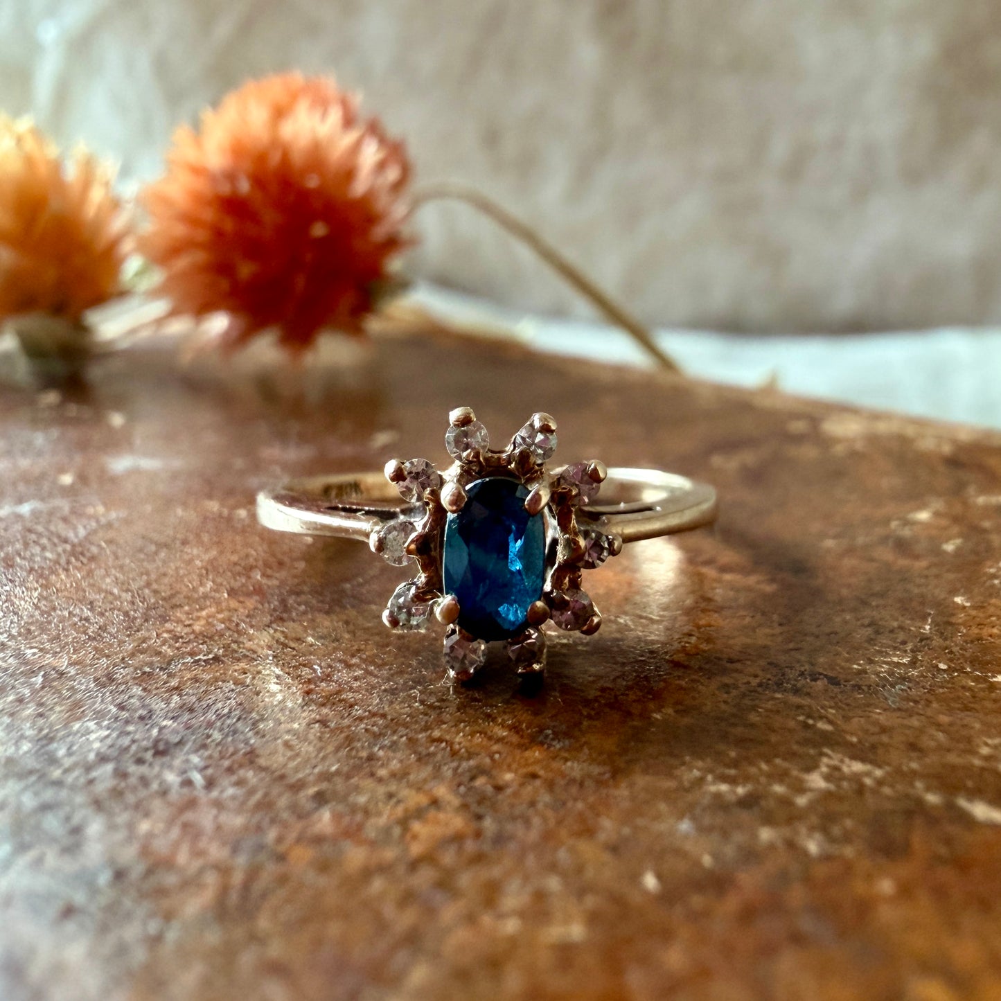 The Beauvoir Ring - Vintage Solid 10K Yellow Gold, Natural Blue Sapphire, and Natural Diamond Accent Ring