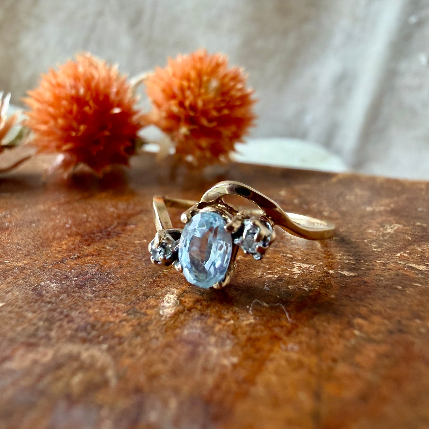 The North Wind Ring - Vintage Solid 10K Yellow Gold, Natural Sky Blue Topaz, and Natural Diamond Ring