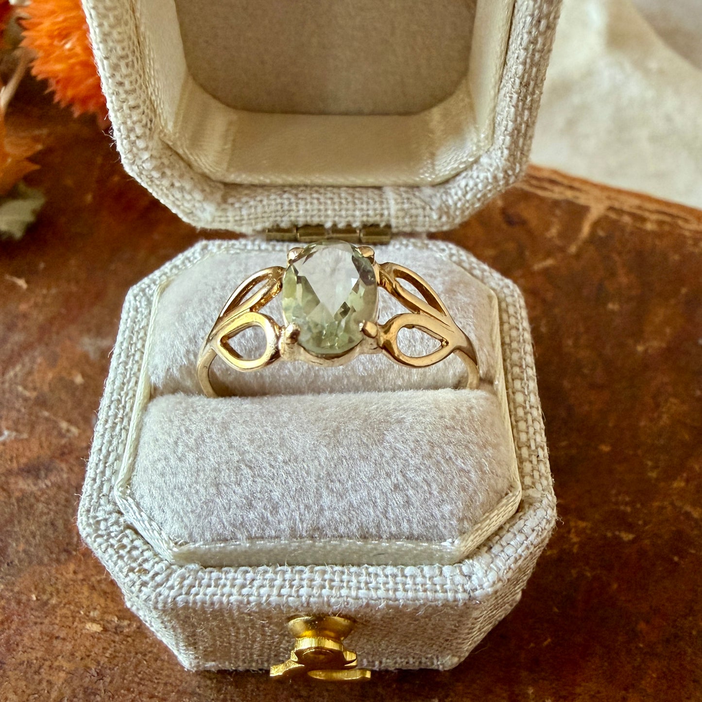 The Portfino Ring - Vintage Solid 10K Yellow Gold set with Natural Green Amethyst Prasiolite