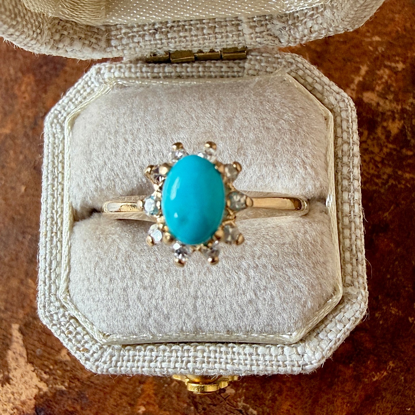 The Salado Ring - Vintage Solid 14K Yellow Gold, Natural Turquoise, and Natural Diamond Ring