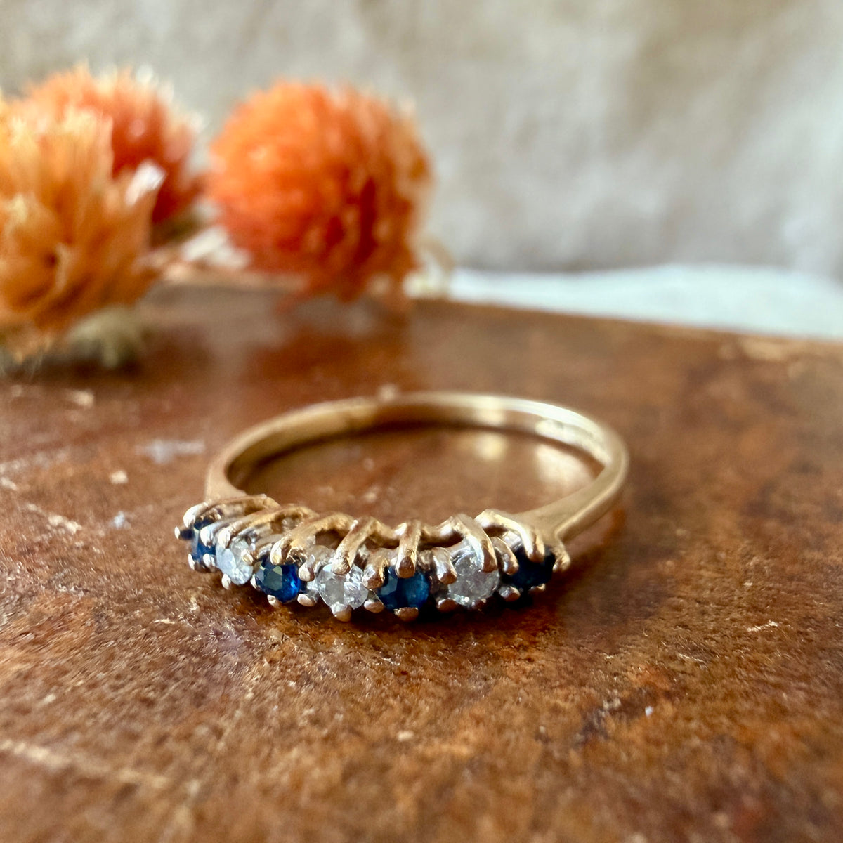 The Sabine Ring - Vintage Solid 14K Yellow Gold, Natural Sapphire, and Natural Diamond Band