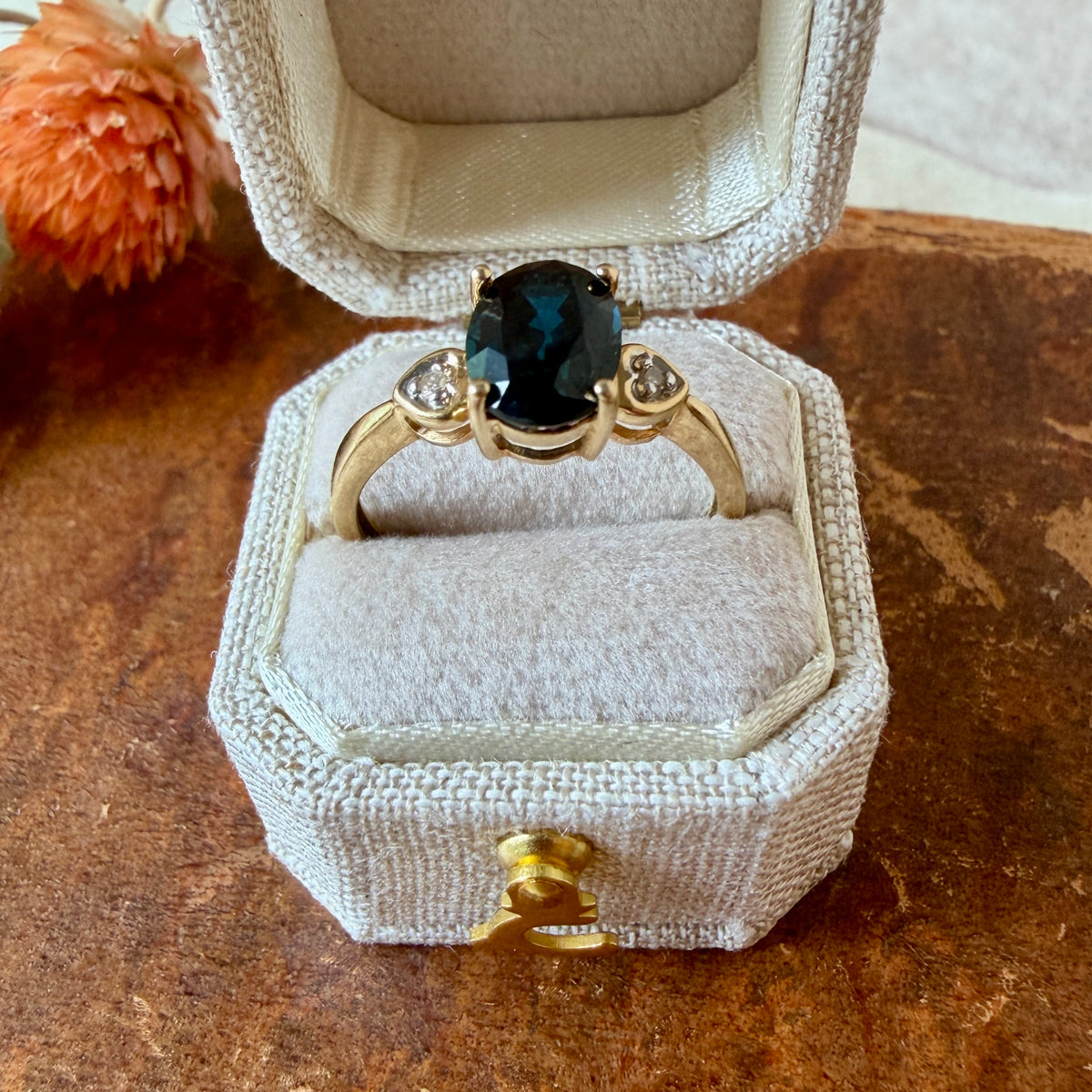 The Nocturne Ring - Vintage Solid 14K Yellow Gold, Natural Blue Thailand Sapphire, and Natural Diamond Accent Ring