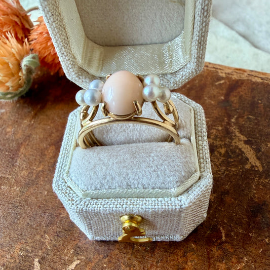 The Undine Ring - Vintage Solid 14K Yellow Gold, Natural Angel Skin Coral, and Natural Freshwater Pearl Ring