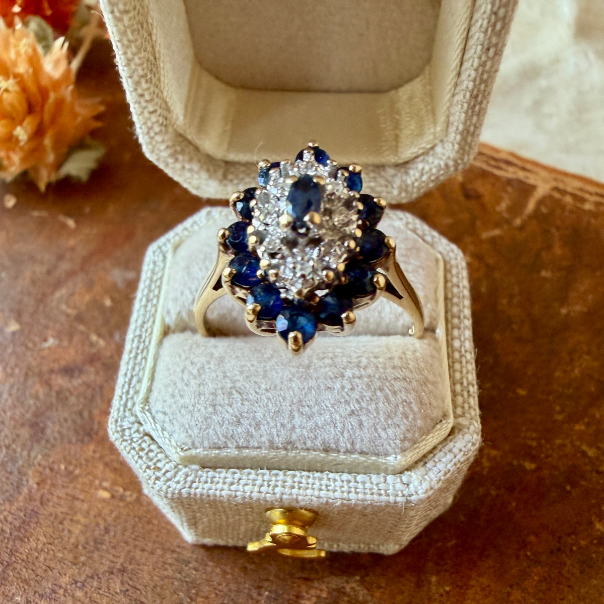 The Severn Ring - Vintage Solid 10K Yellow Gold with Natural Diamonds and Natural Sapphires