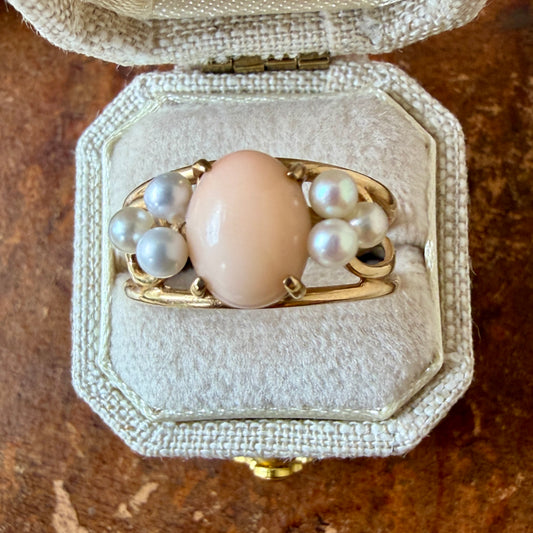 The Undine Ring - Vintage Solid 14K Yellow Gold, Natural Angel Skin Coral, and Natural Freshwater Pearl Ring