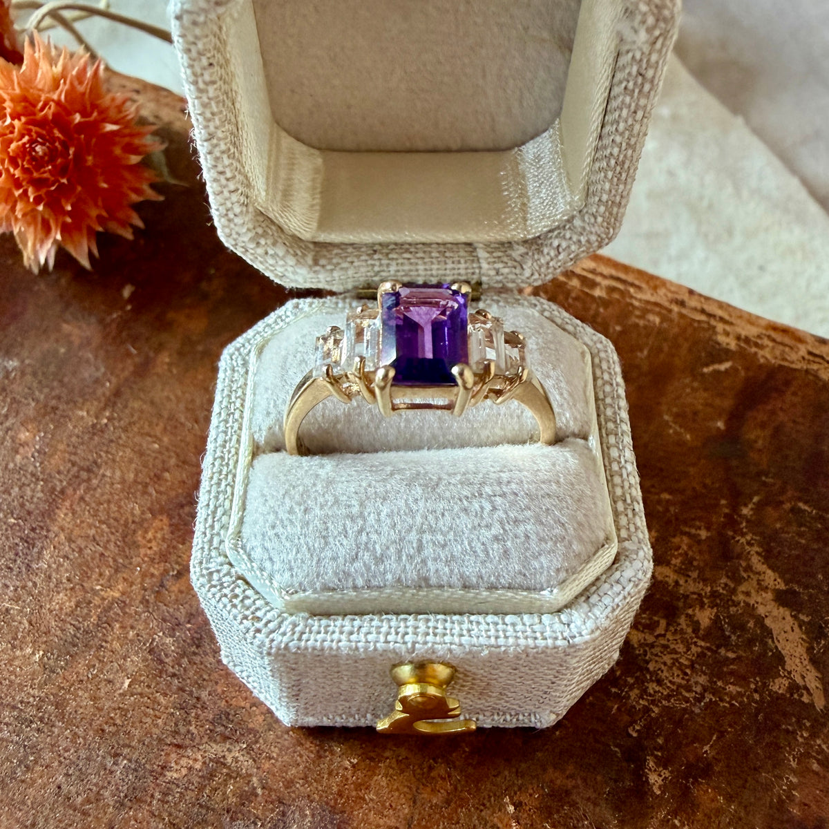 The Verbena Ring - Vintage Amethyst and Clear Quartz Ring - 10K Solid Gold