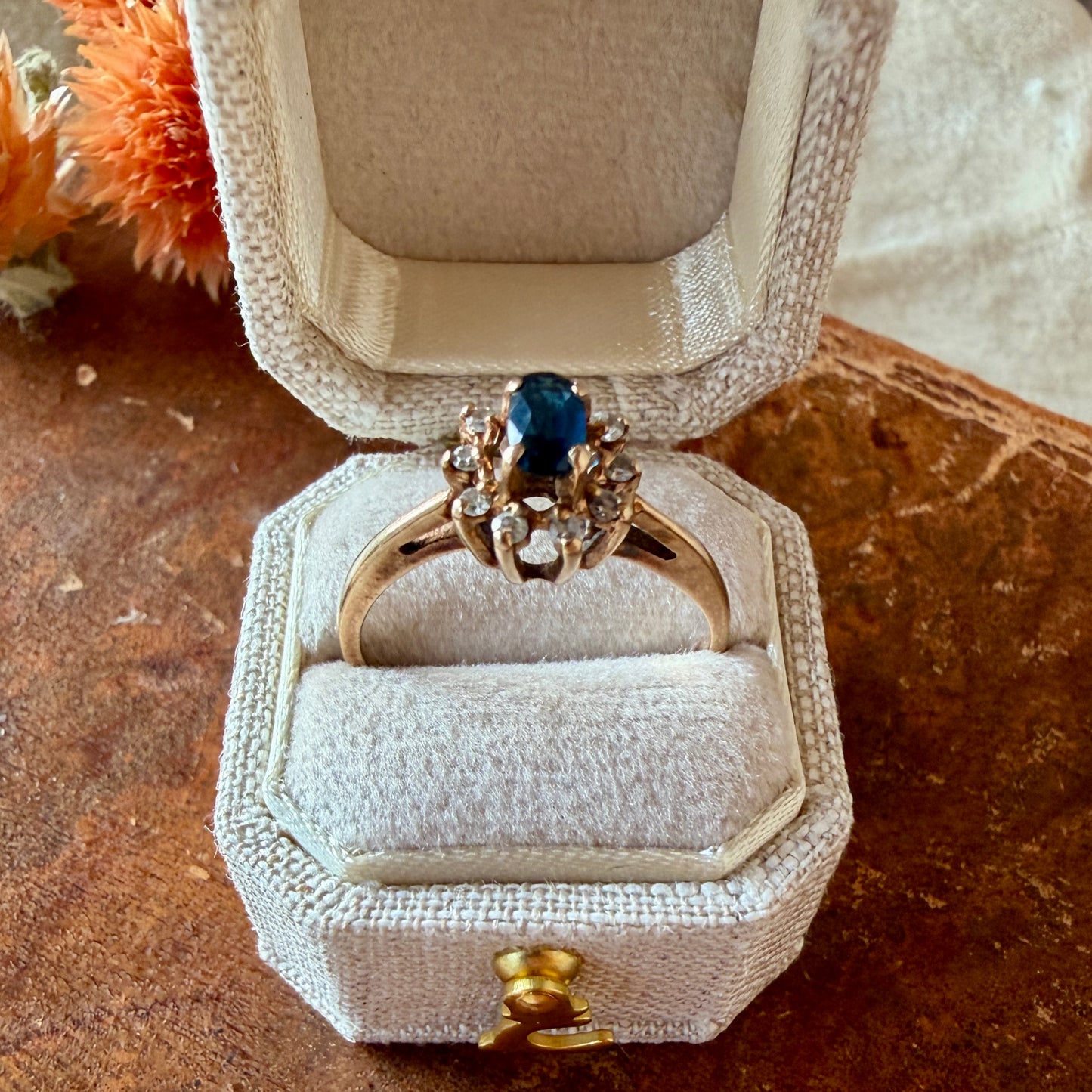 The Beauvoir Ring - Vintage Solid 10K Yellow Gold, Natural Blue Sapphire, and Natural Diamond Accent Ring
