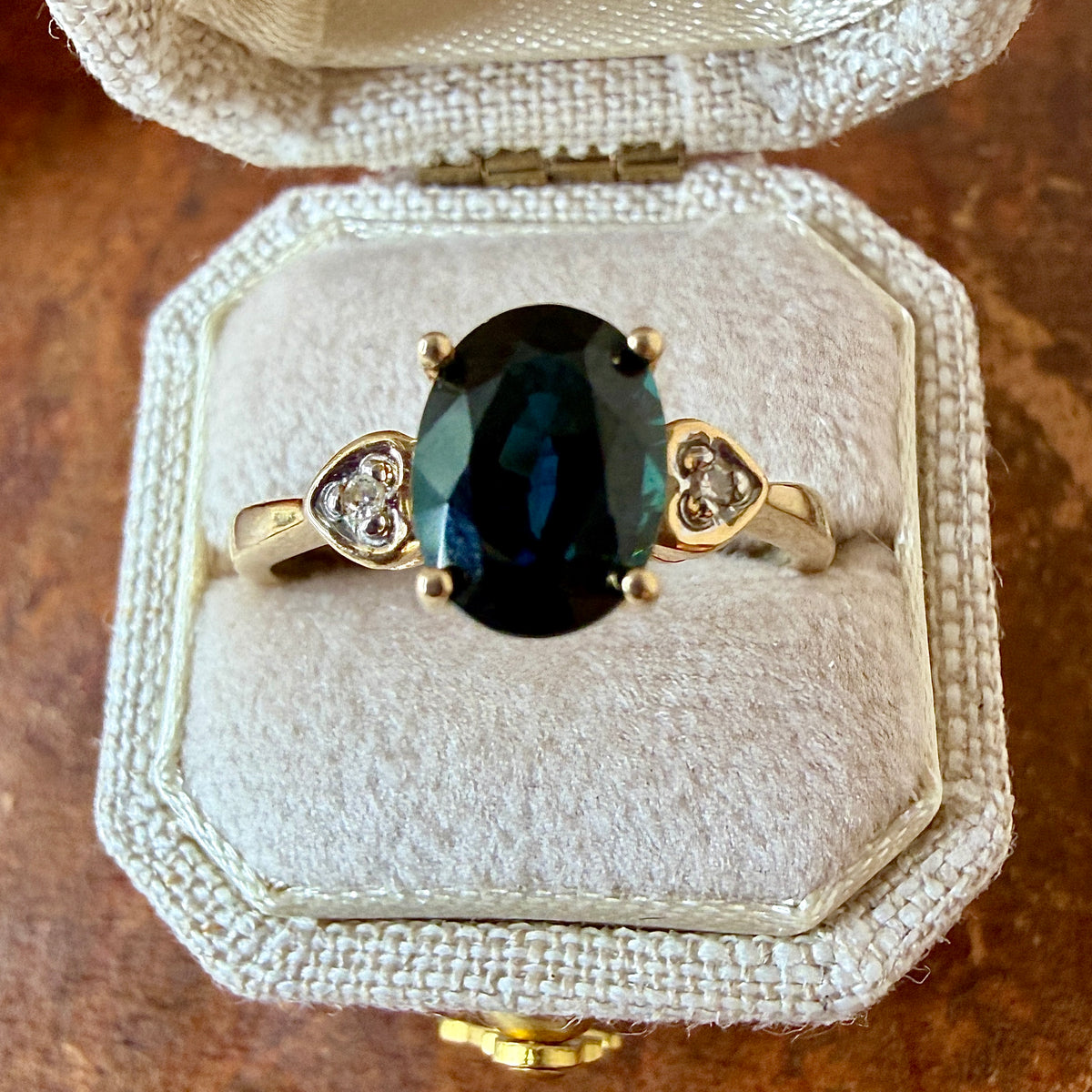 The Nocturne Ring - Vintage Solid 14K Yellow Gold, Natural Blue Thailand Sapphire, and Natural Diamond Accent Ring