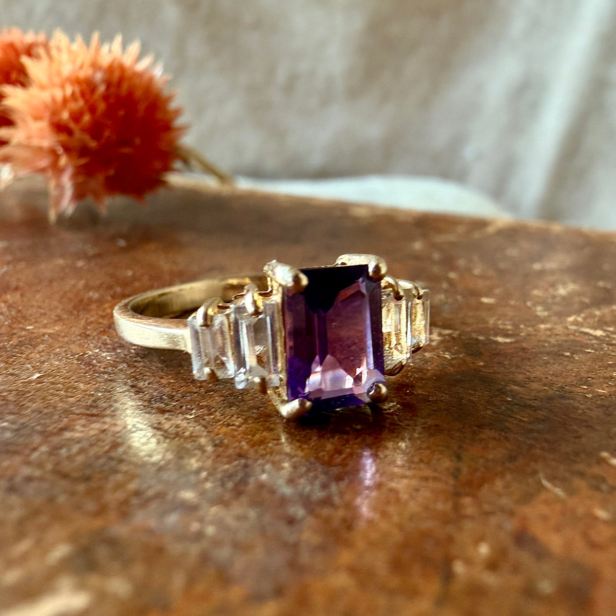 The Verbena Ring - Vintage Amethyst and Clear Quartz Ring - 10K Solid Gold