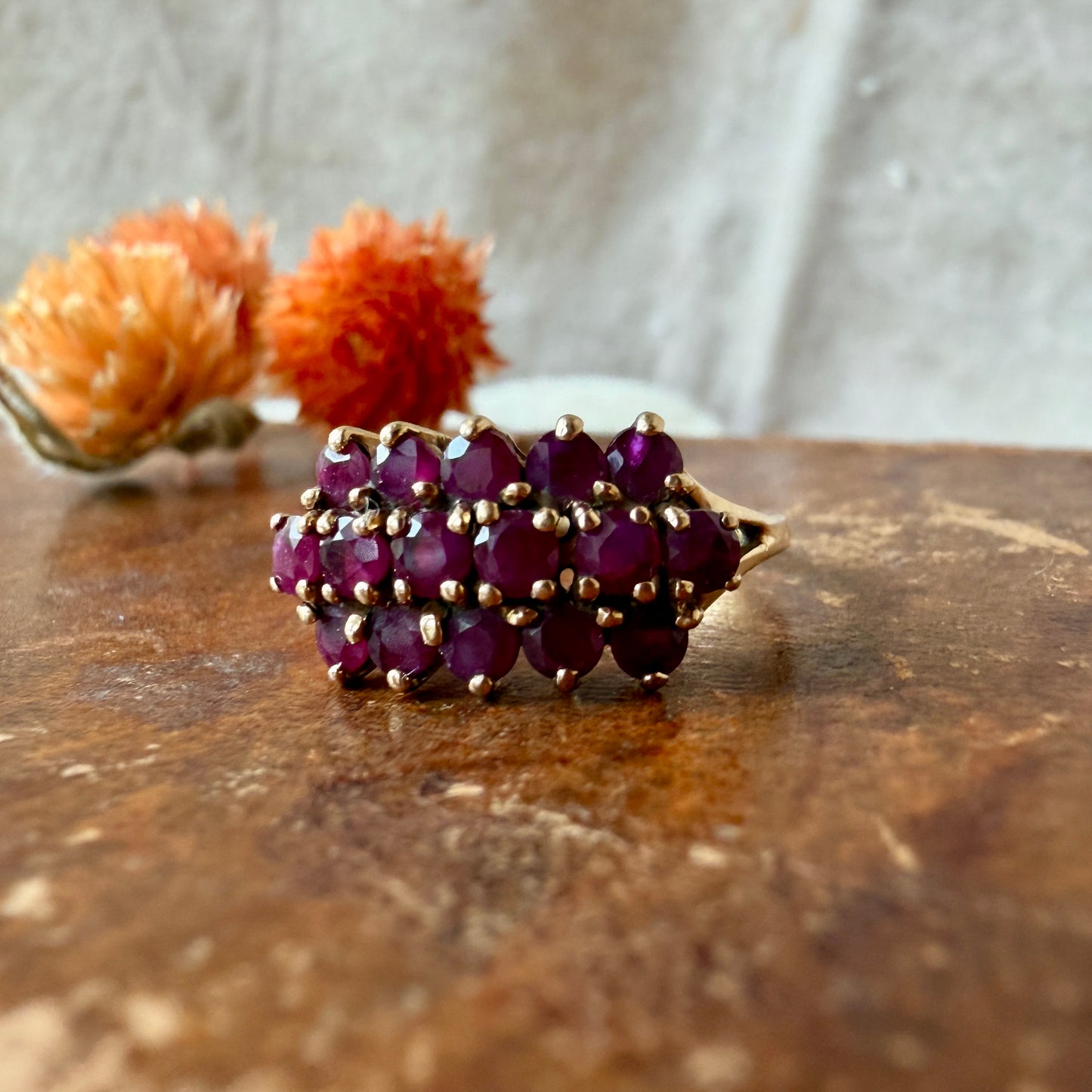 The Pamplona Ring - Vintage Solid 10K Yellow Gold and Natural Ruby Cocktail Ring