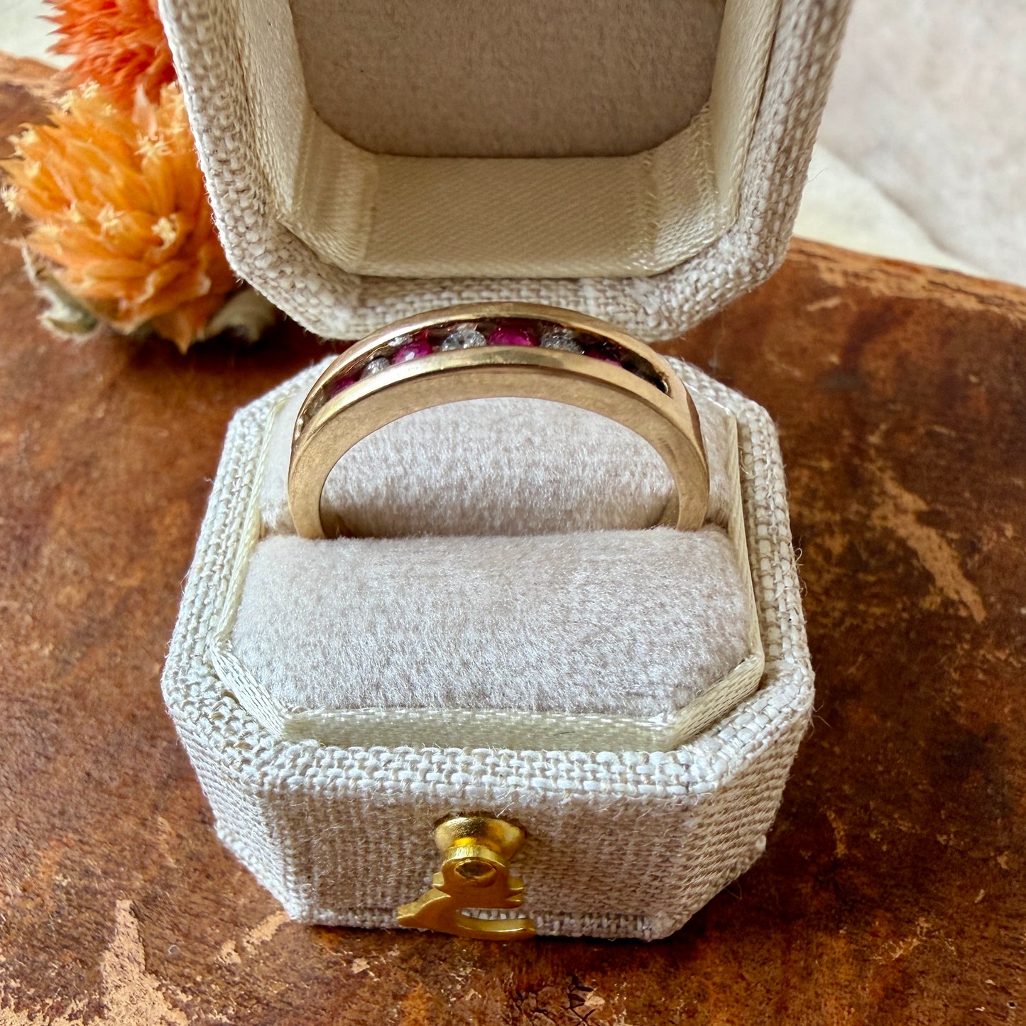 The Frosted Holly Ring- Solid 10K Yellow Gold, Natural Rubies, Natural Diamonds