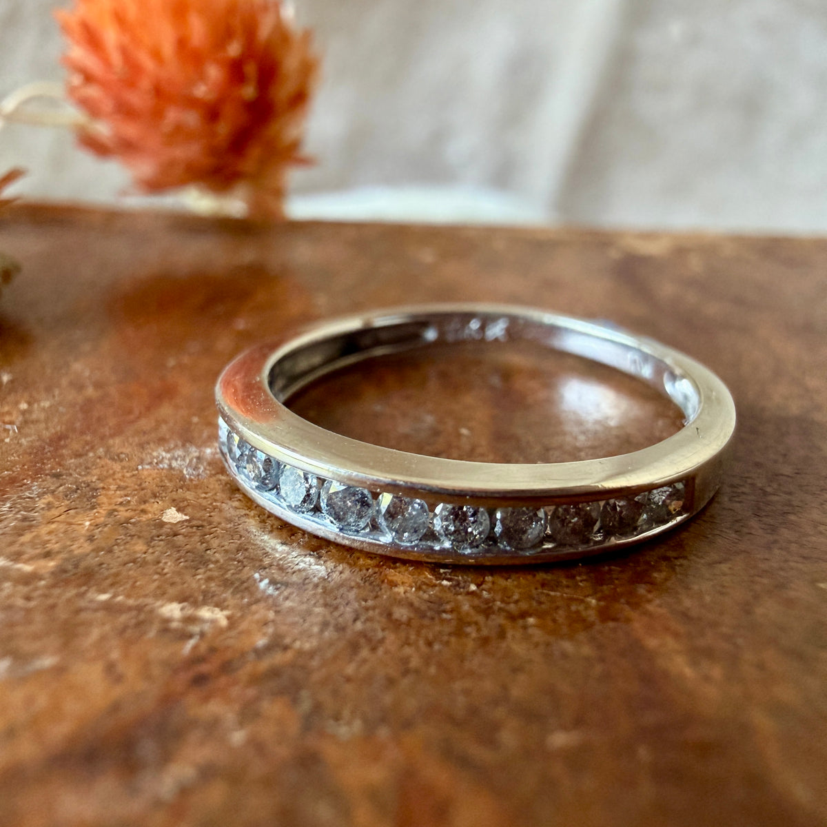 The Inverness Ring - Vintage Solid 10K White Gold with Natural Diamond Stackable Wedding Band