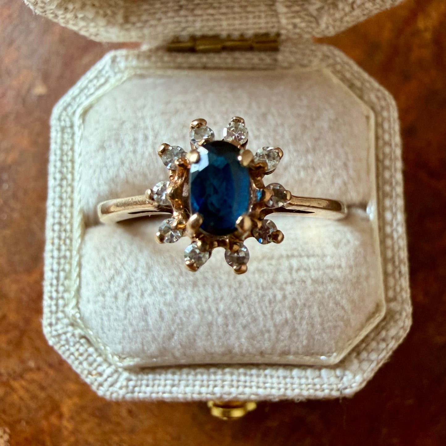 The Beauvoir Ring - Vintage Solid 10K Yellow Gold, Natural Blue Sapphire, and Natural Diamond Accent Ring