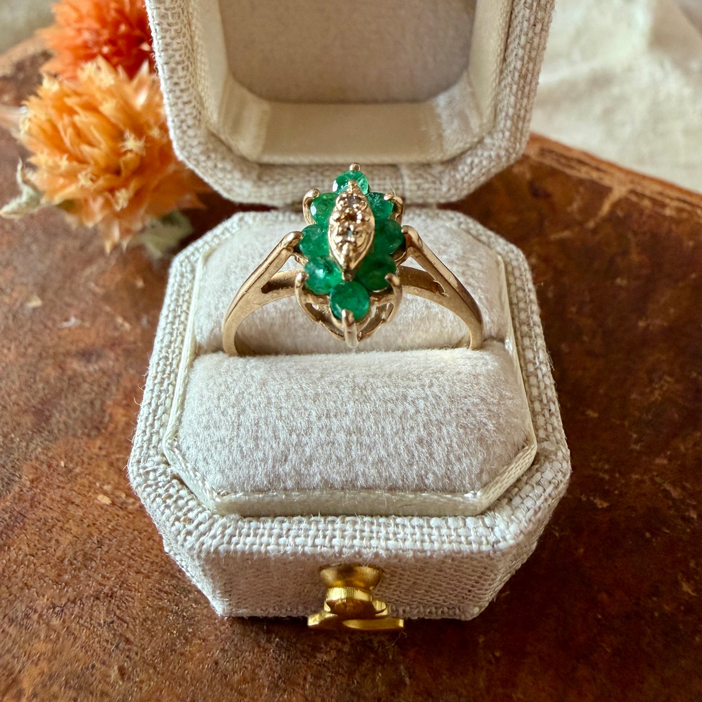 The Maidenhair Ring - Vintage Solid 10K Yellow Gold, Natural Emeralds, and Natural Diamonds
