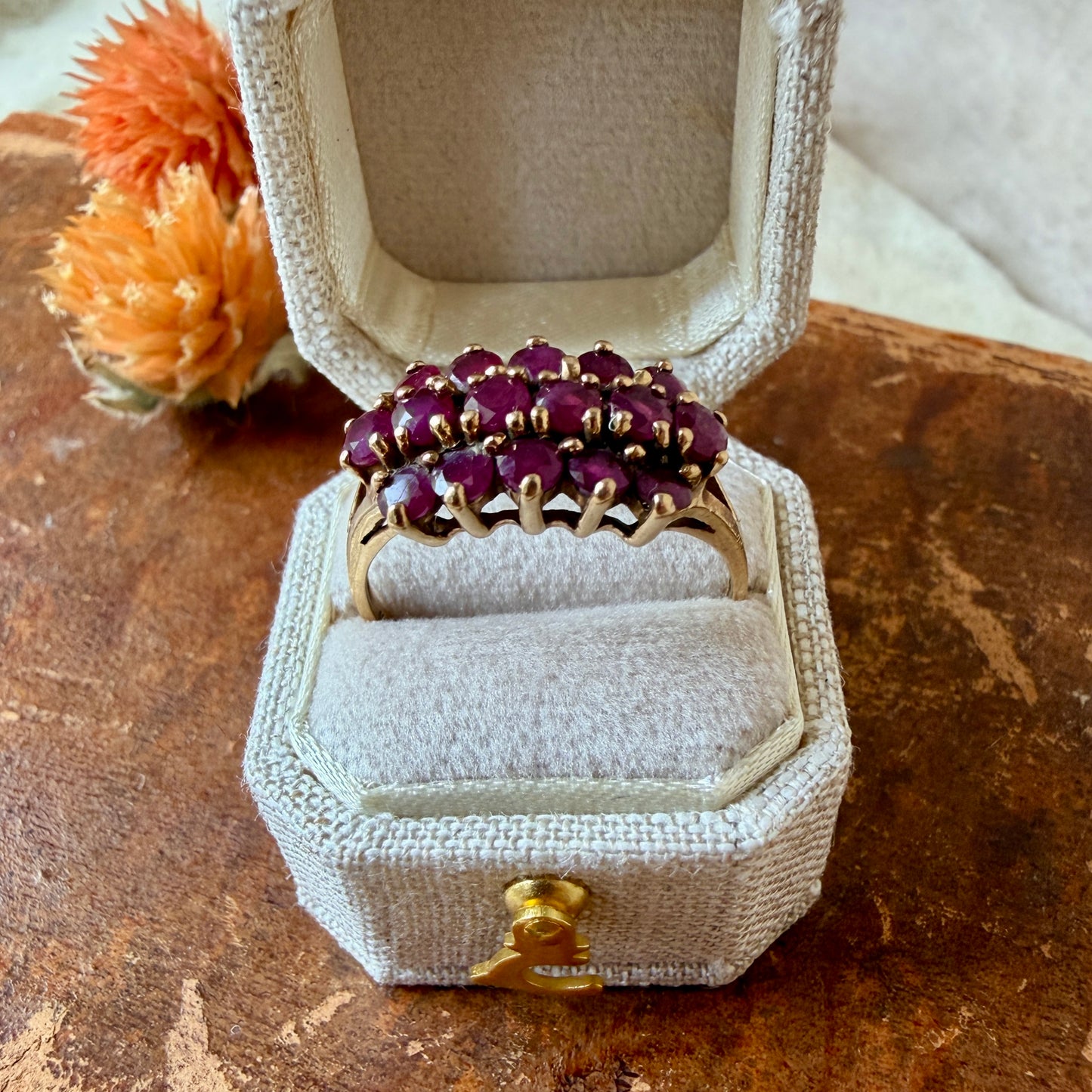 The Pamplona Ring - Vintage Solid 10K Yellow Gold and Natural Ruby Cocktail Ring