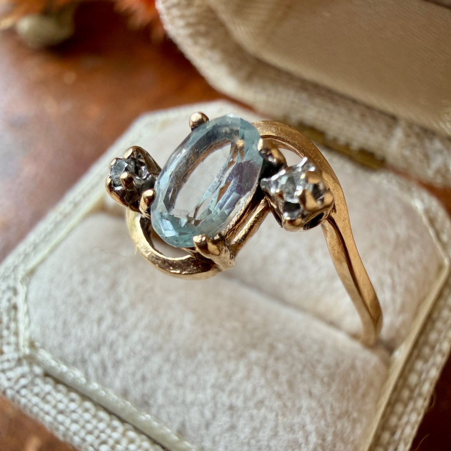 The North Wind Ring - Vintage Solid 10K Yellow Gold, Natural Sky Blue Topaz, and Natural Diamond Ring