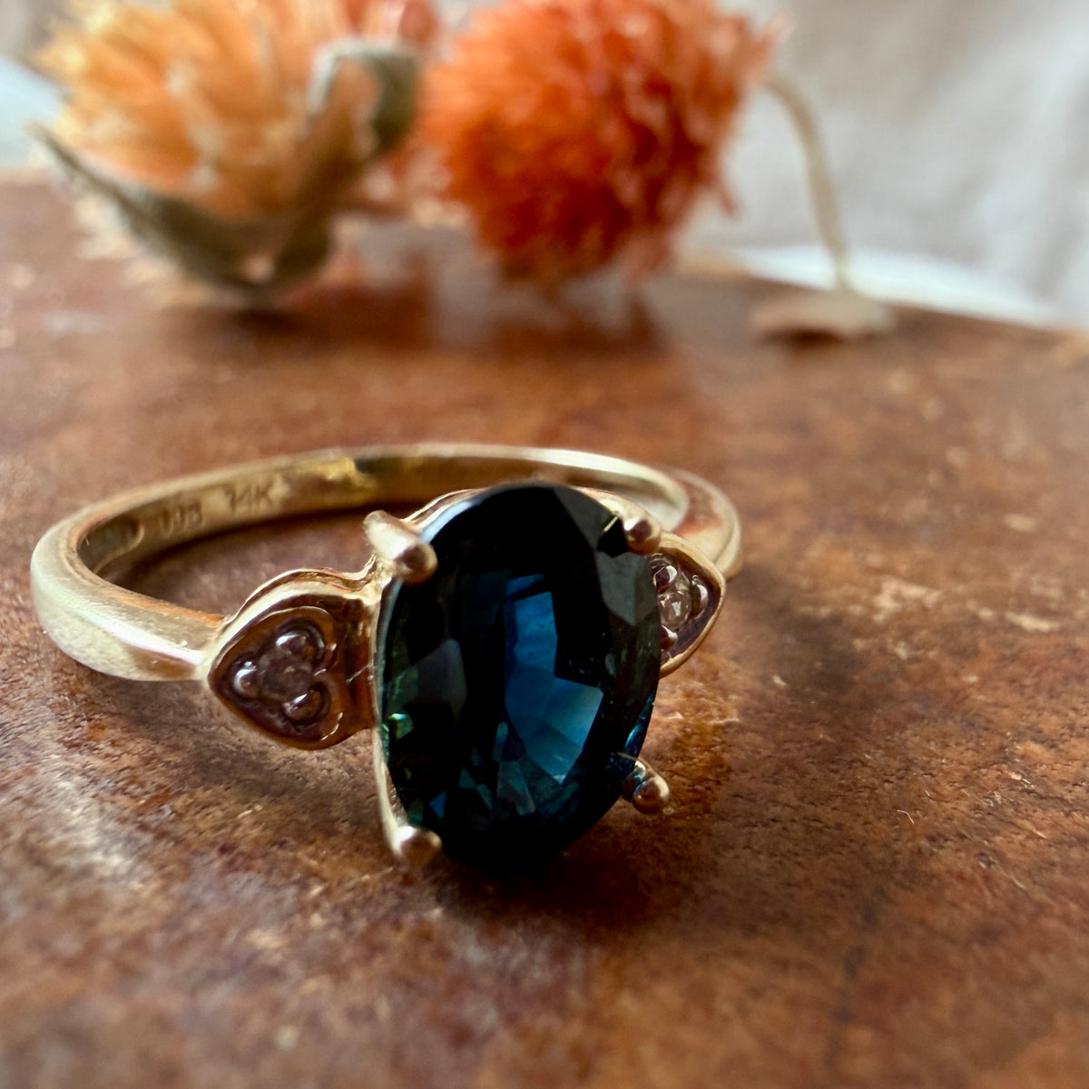 The Nocturne Ring - Vintage Solid 14K Yellow Gold, Natural Blue Thailand Sapphire, and Natural Diamond Accent Ring