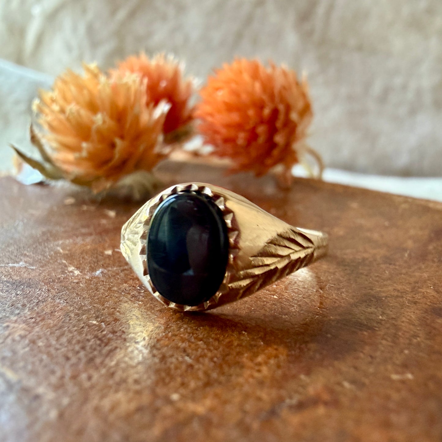 The Brompton Ring - Vintage Solid 9K Yellow Gold and Natural Onyx Mourning Signet Ring