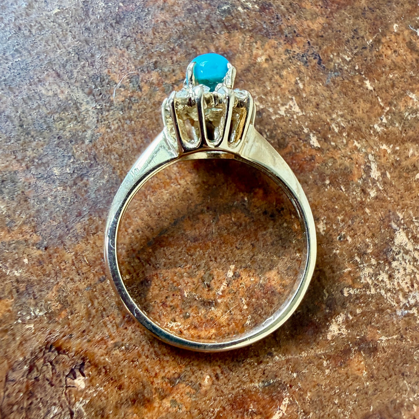 The Salado Ring - Vintage Solid 14K Yellow Gold, Natural Turquoise, and Natural Diamond Ring