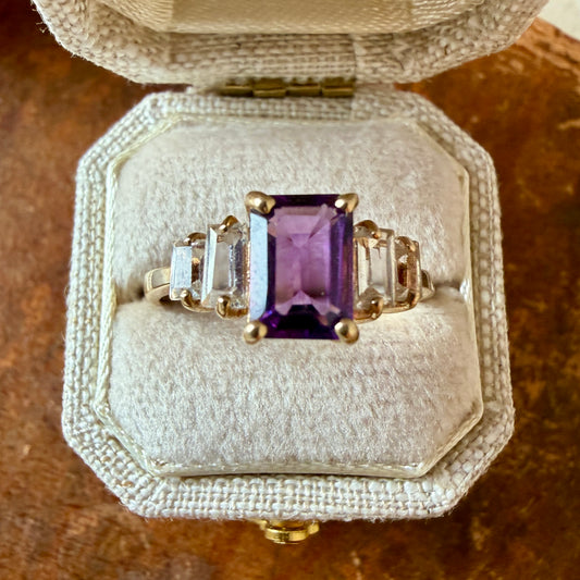 The Verbena Ring - Vintage Amethyst and Clear Quartz Ring - 10K Solid Gold