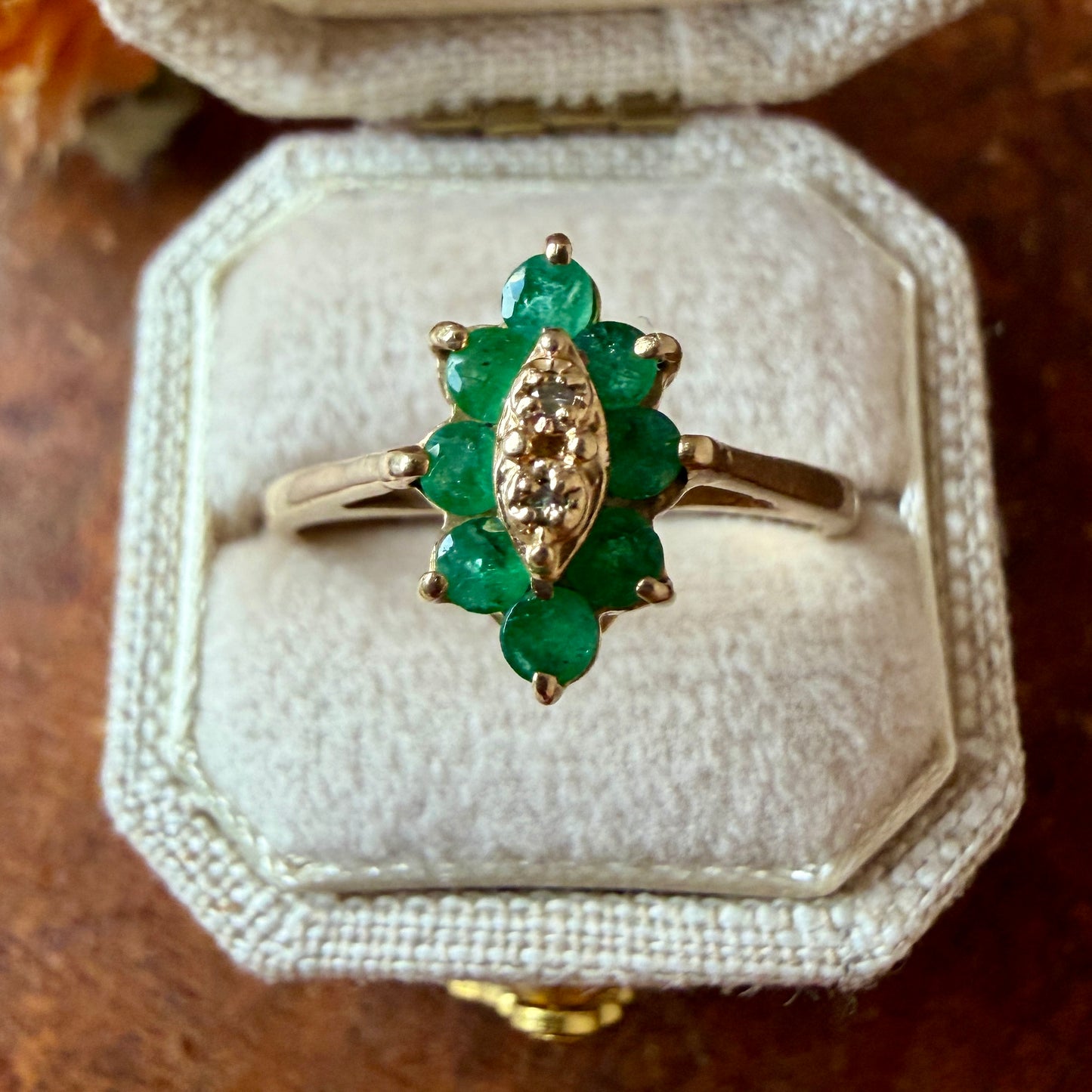 The Maidenhair Ring - Vintage Solid 10K Yellow Gold, Natural Emeralds, and Natural Diamonds