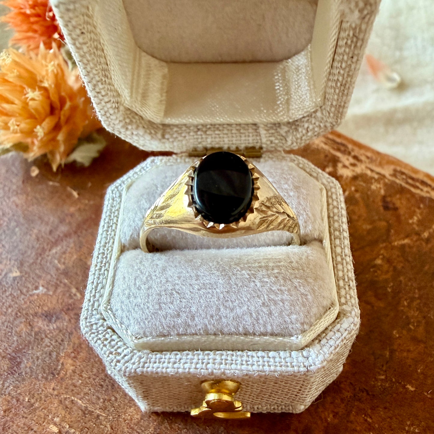 The Brompton Ring - Vintage Solid 9K Yellow Gold and Natural Onyx Mourning Signet Ring