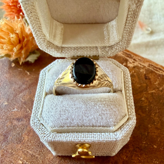 The Brompton Ring - Vintage Solid 9K Yellow Gold and Natural Onyx Mourning Signet Ring