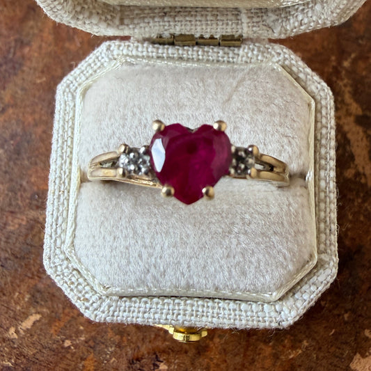 The Valentine Ring - Vintage Solid 10K Yellow Gold, Ruby Heart Cut, and Round Diamond Accent Ring