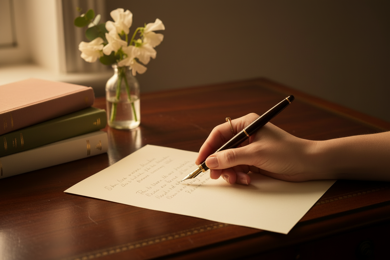 Hand writing letter on antique desk in golden hour light